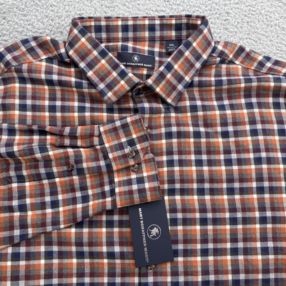 Hart Schaffner Marx Flannel Shirt Mens XXL 2XL Button Blue Red Wht Plaid Casual